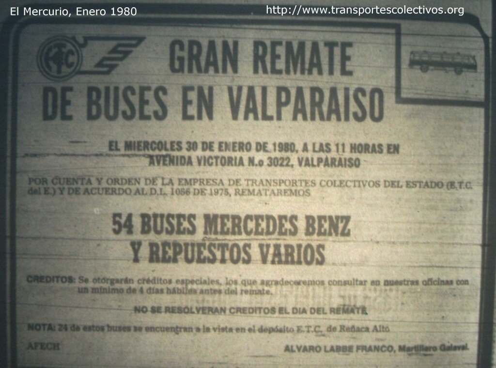 Aviso de remate de 54 buses O-362 de la Zonal Valparaíso de la ETC del E